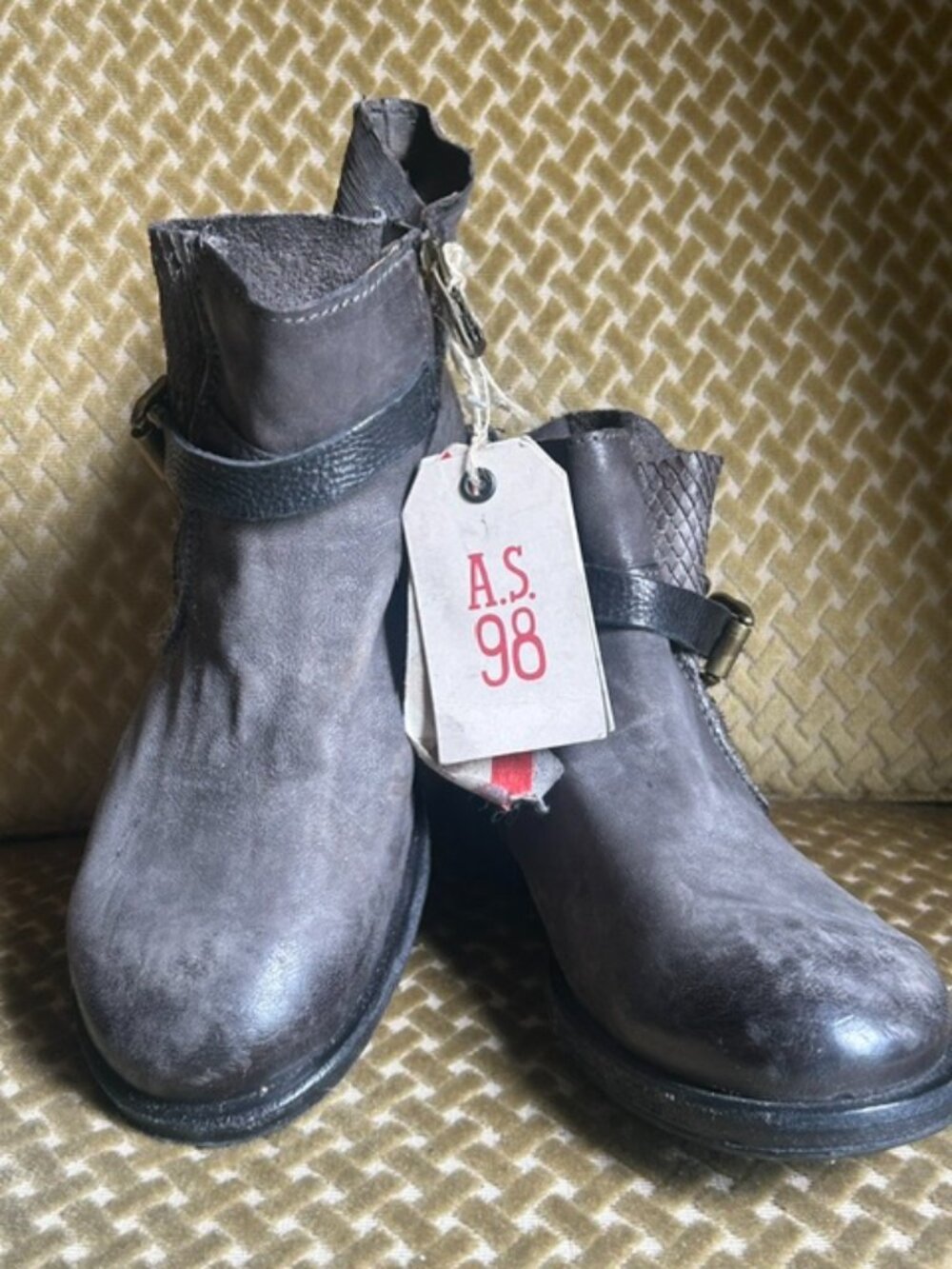 A.S 98 Imperial Lush SmokyGrey Distressed Leather Buckle Zip Round Toe Boots NWT